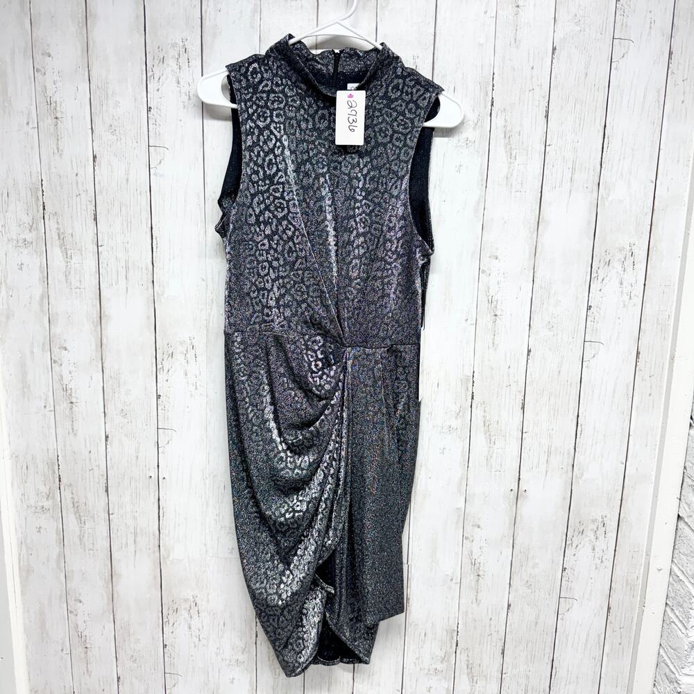 New Calvin Klein Dress Women Size 6 Animal Print Mock Neck Gathered Front Midi